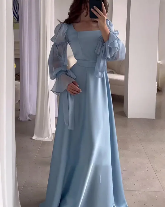 Elegant Blue A-Line Long Sleeves Long Party Dress Wedding Guest Dress, DP5055