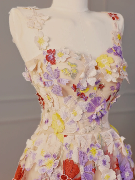 Pretty Floral Straps A-Line Appliques Long Party Dresses Birthday Outfits, DP5037