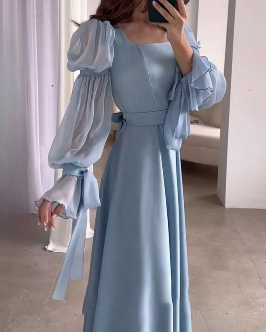 Elegant Blue A-Line Long Sleeves Long Party Dress Wedding Guest Dress, DP5055