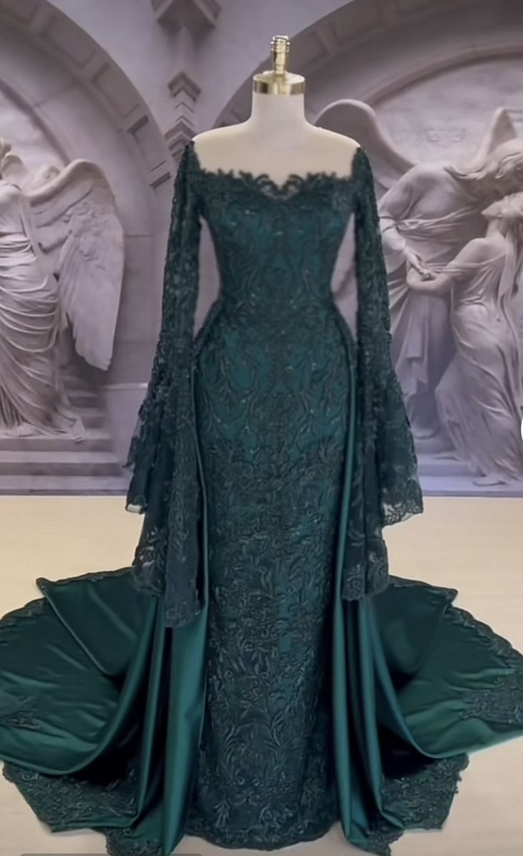 Dark Green Long Sleeves Mermaid Lace Satin Long Formal Prom Dress, DP5056