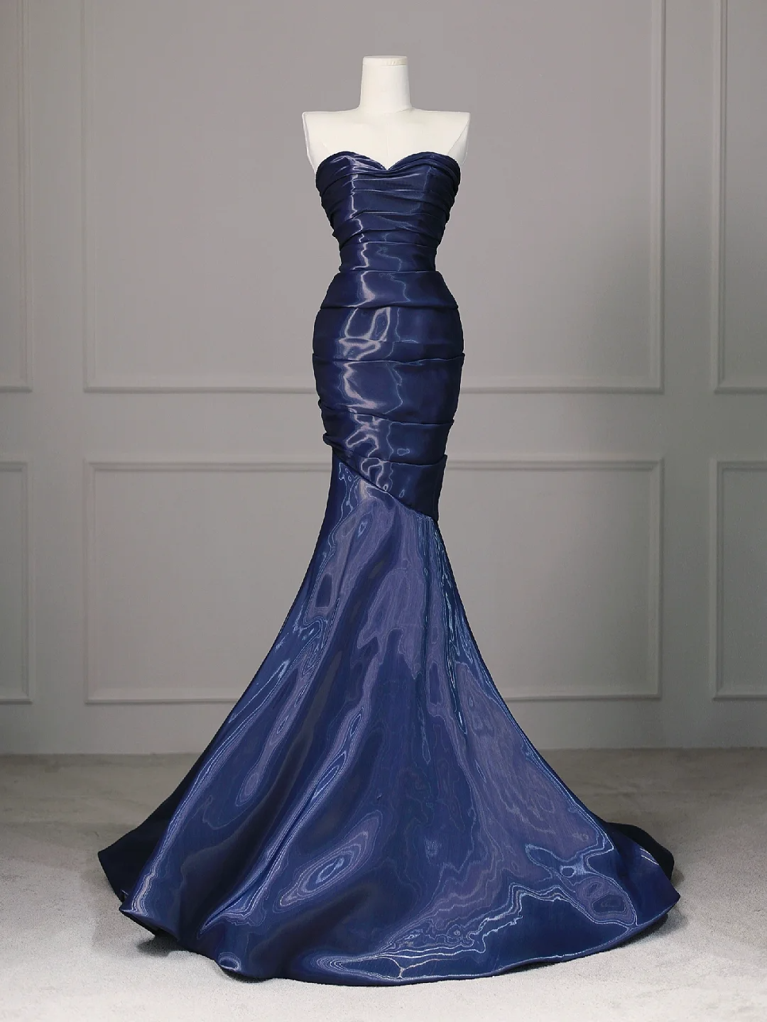 Marineblaues trägerloses Meerjungfrau-Chiffon-Abendkleid, lang, formelles Abendkleid, DP5038