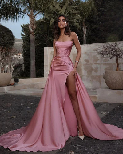 Vintage Pink Satin Prom Dress Strapless Evening Gown High Slit Party Dress Long Formal Dress DP6837