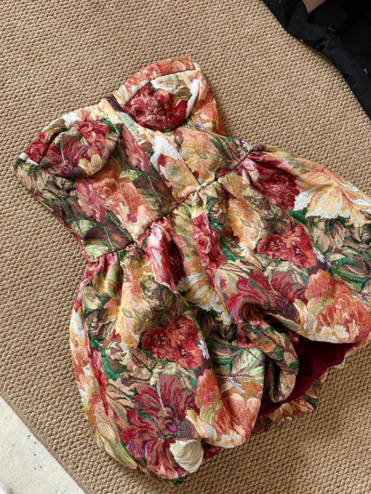 Vintage Colorful Floral Sweetheart Design Strapless Romantic A-line Short Homecoming Dress DP6053