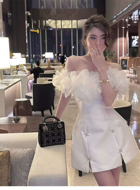 Elegant White Off-the-shoulder Beading Design A-line Party Dress Homecoming Dress, DP5851