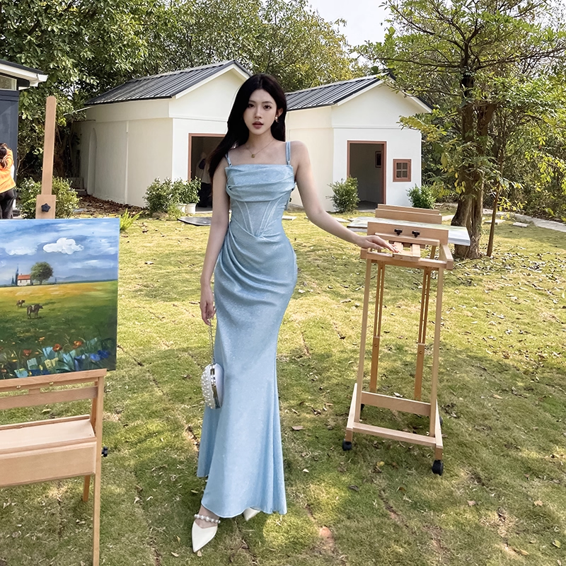 Vintage Glänzendes Hellblaues Spaghettiträger Meerjungfrau Langes Sommerkleid Ballkleid Abendkleid DP6398