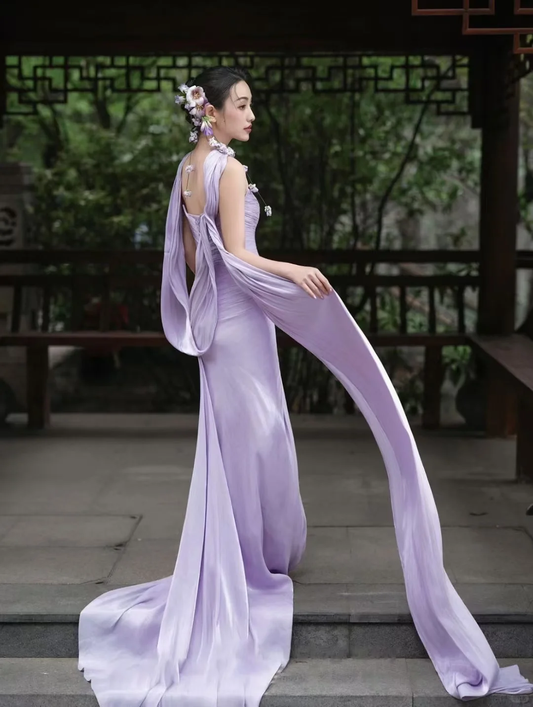 Elegant Light Purple Strapless Sheath Chiffon Long Evening Dress Prom Dresses DP6194
