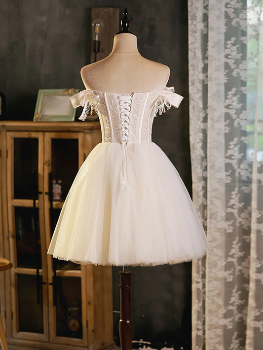 Robe de soirée trapèze en tulle et dentelle blanche vintage, épaules dénudées, DP6066