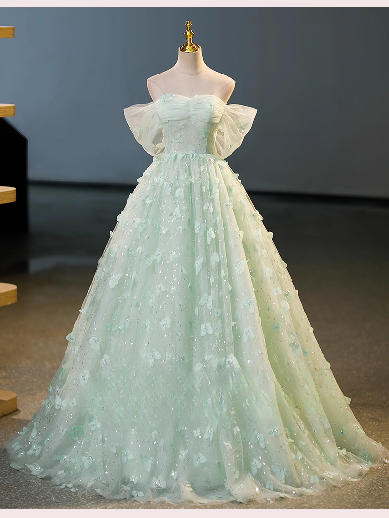 Vintage Light Green Tulle Sweet 16 Quinceanera Sweetheart Off-the-shoulder 3D Flowers Evening Dress A-Line Floor Length Ball Gown DP6911
