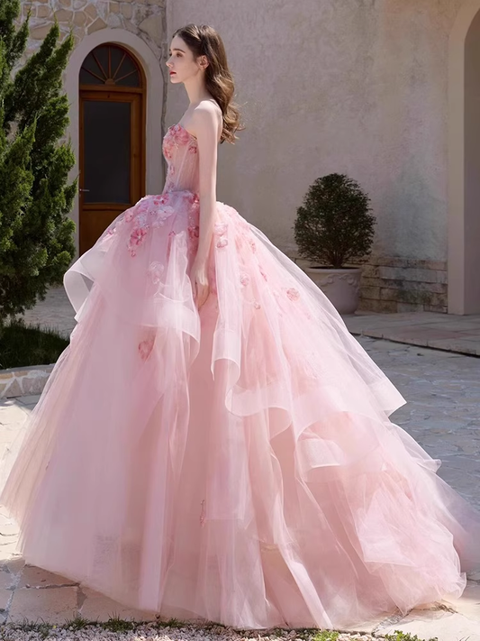 Vintage Pink Applique Beaded Strapless Sweet 16 Quinceanera Sweetheart A-Line Floor-length Prom Dress Birthday Dress Evening Dress Ball Gown DP6811