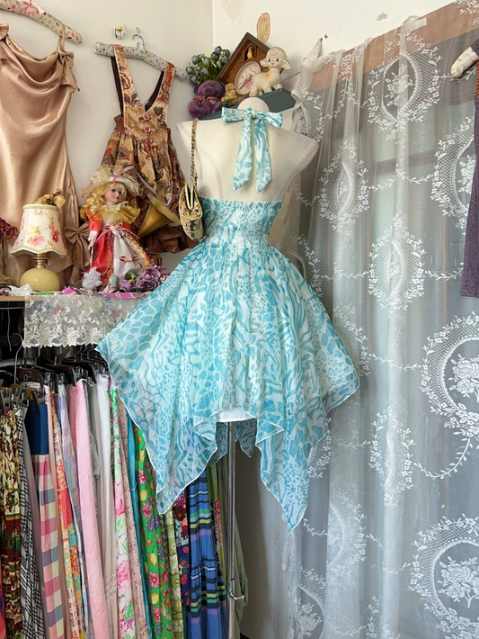 Vintage Turquoise Halter Neck Homecoming Dress Print Flowy Hem Party Gown DP8316