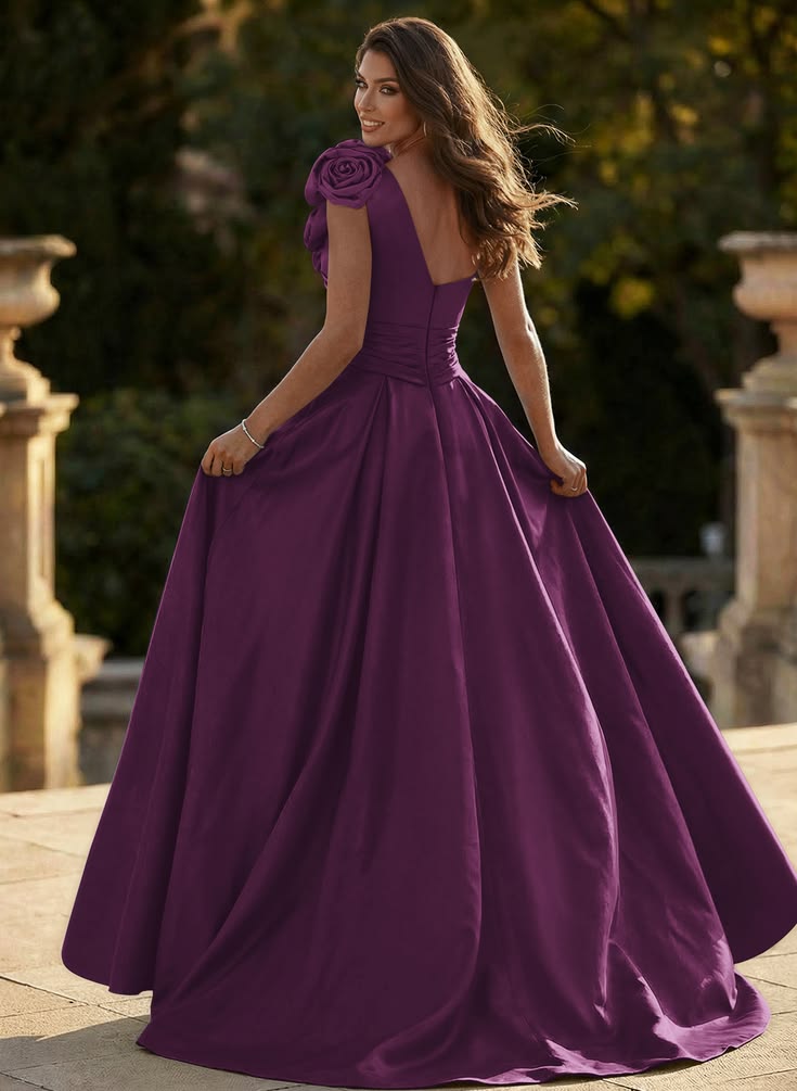 Elegant Purple One-Shoulder Satin Prom Dress 3D Floral Appliques High Slit A-Line Formal Evening Gown DP8213