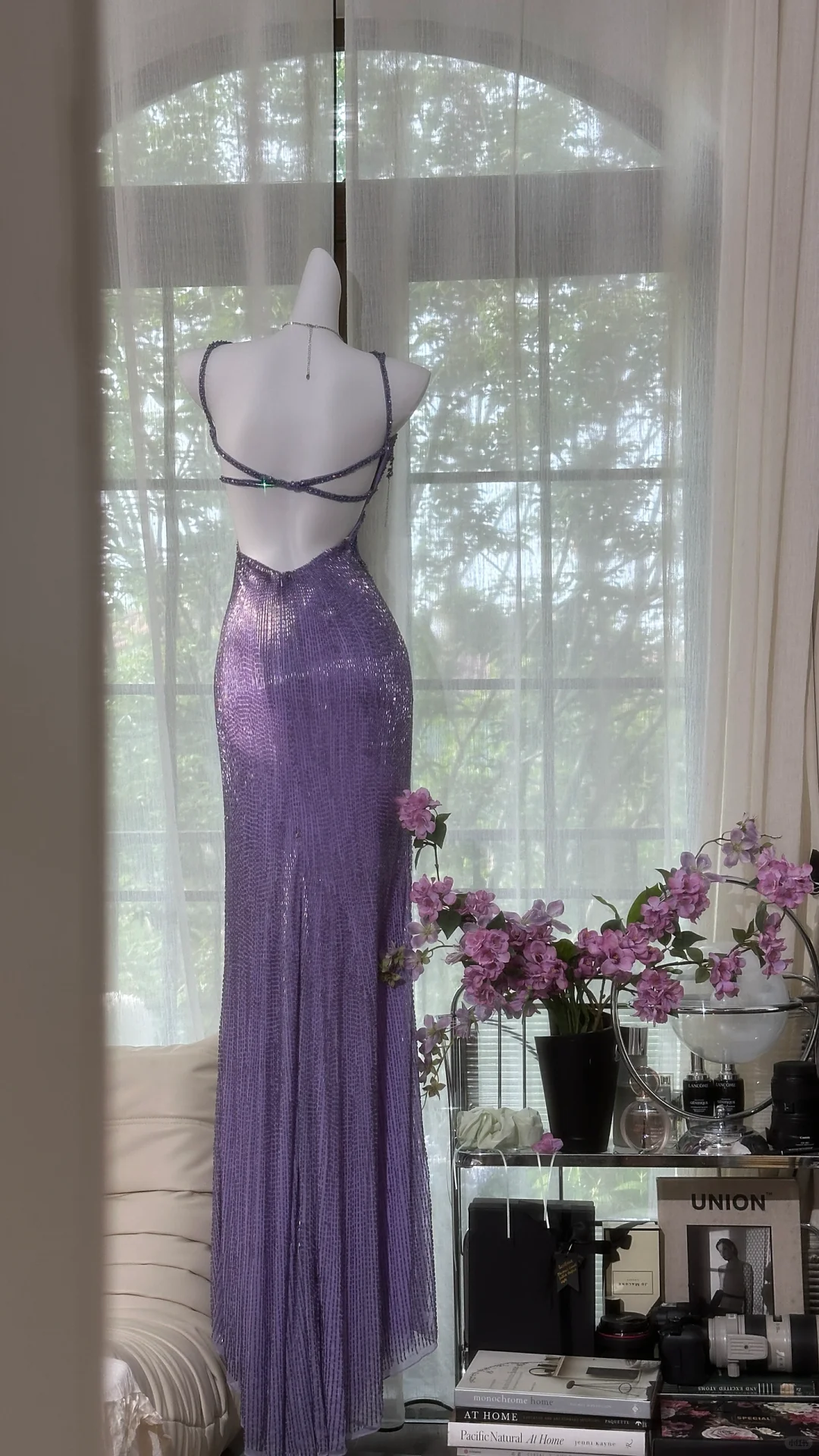 Gorgeous Purple Shiny Beaded Butterflies Pattern Spaghetti Strap Sheath High Slit Prom Dress Evening Dress DP6365