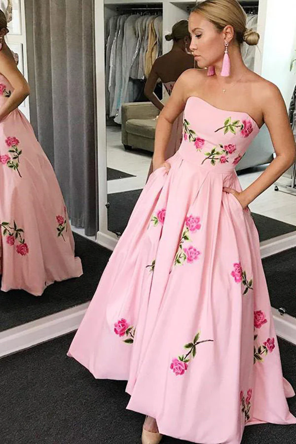 A-Line Sweetheart Strapless Pink Long Prom Dress With Embroidery Pockets,DS4581
