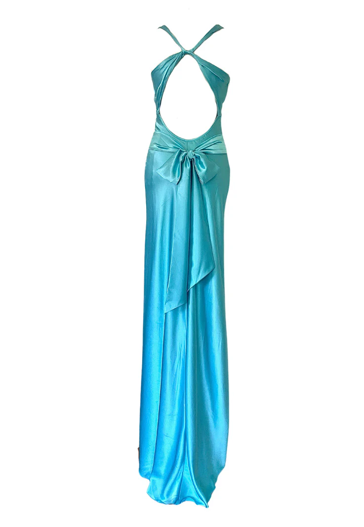 Robe de soirée longue noire en satin simple, col en V, dos nu, DP3019