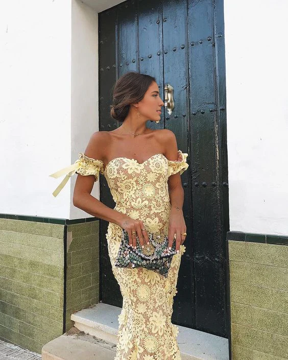 Light Yellow Sweetheart Off Shoulder Lace Cocktail Dress Formal Party Dress ,DP1945