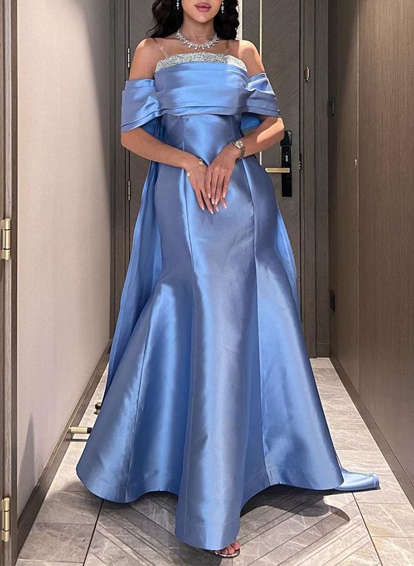 Elegant Blue Off-the-Shoulder Beaded Satin Mermaid Prom Gown Evening Dress DP8061
