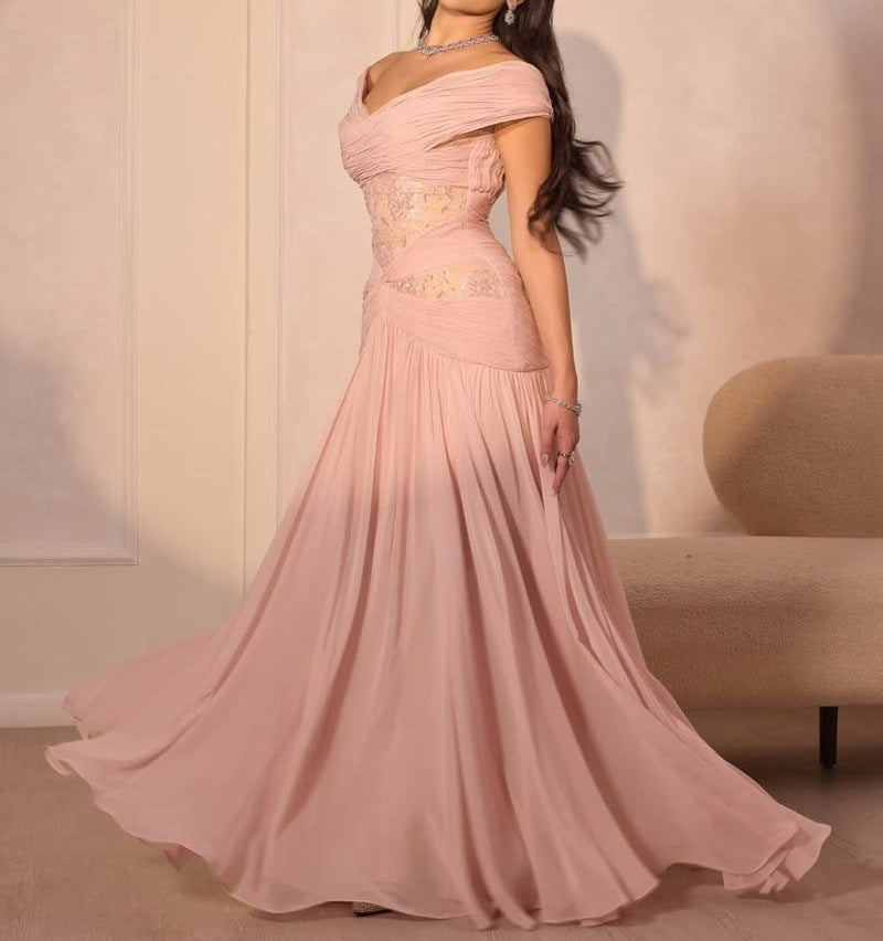 Glamorous Pink Off Shoulder Ruched Bodice A-Line Long Prom Dress DP8417