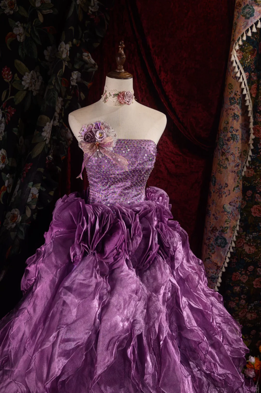 Elegant Purple 3D Floral Strapless Ruffled Sequined Bodice Sweet 16 Quinceanera Ball Gown DP7413