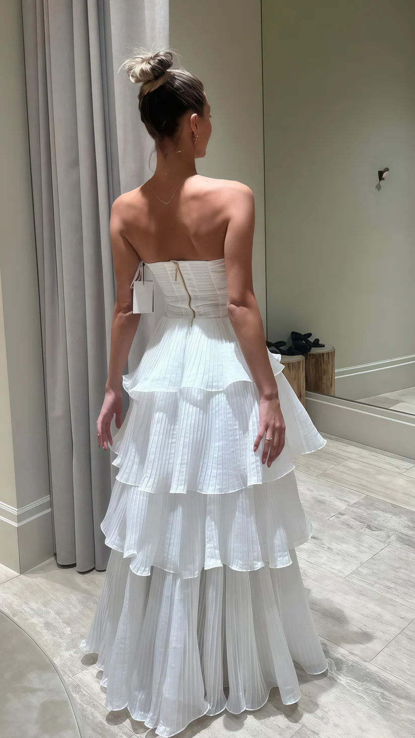 Elegant White Strapless Pleated A-Line Chiffon Long Party Dress, DP2257