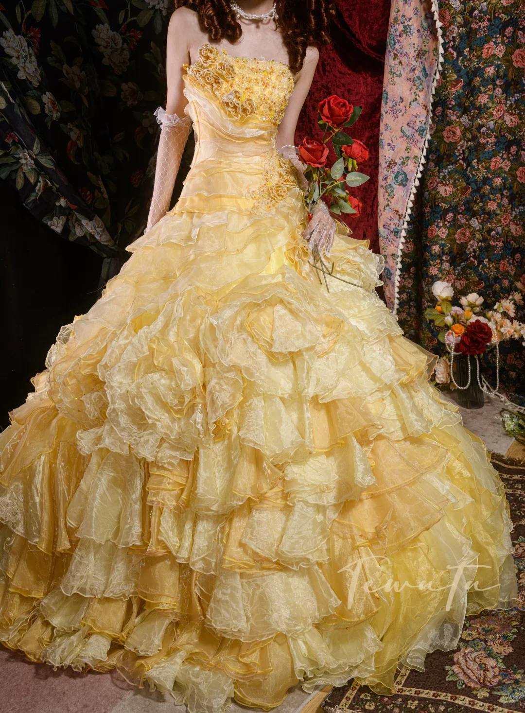 Gorgeous Yellow Layered Ruffle Glitter Tulle Sweet 16 Quinceanera Ball Gown DP7416