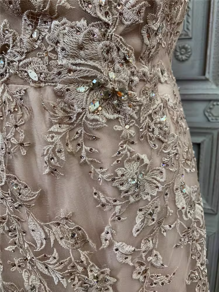 Vintage-Abendkleid im Meerjungfrauenstil in Rosa, mit Spitze verziert, V-Ausschnitt, Tüll, formelles Ballkleid DP7600