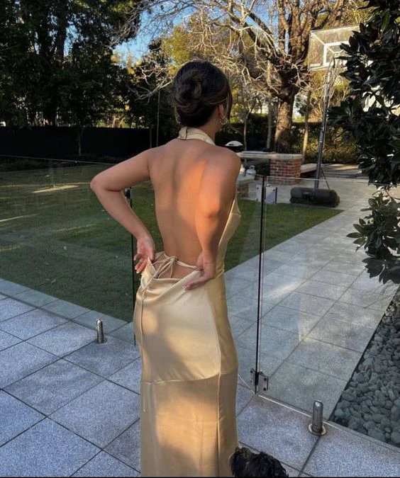 Champagne Gold Halter Backless Mermaid Long Party Dress,DP1306