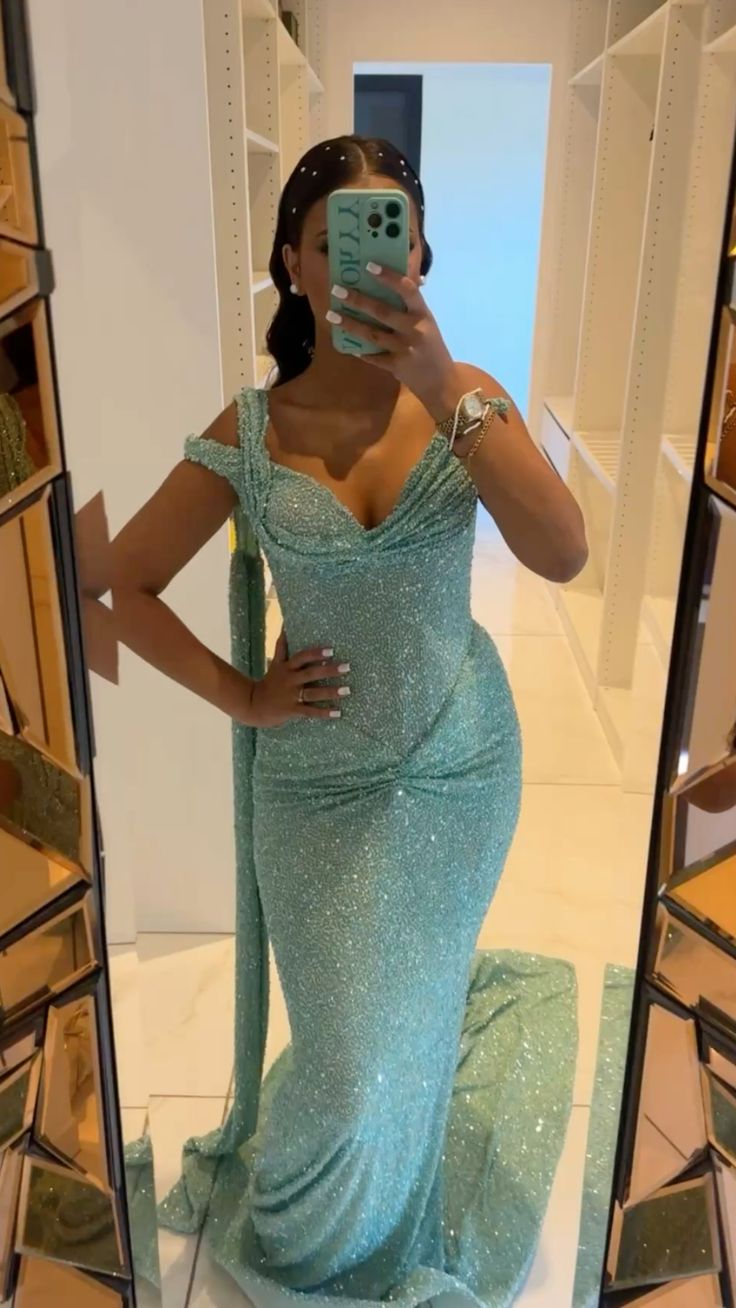 Vintage Turquoise Glittering Sequin Prom Dress Sheath Evening Dress One-shoulder Party Dress Long Formal Dress DP6870