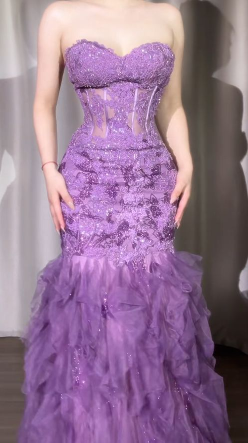 Glamorous Purple Tulle Ruffled Mermaid Evening Gown DP7984