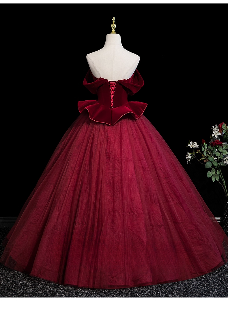 Vintage Burgundy 3D Butterflies Sweet 16 Quinceanera Off-the-shoulder Evening Dress Floor Length Ball Gown DP6909