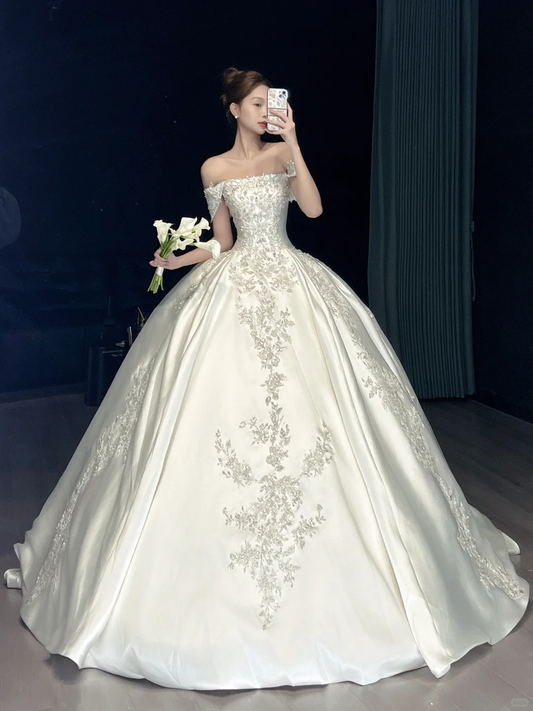 Elegant Satin Embroidery Beaded Wedding Dress A-Line Off-Shoulder Bridal Gown DP7129