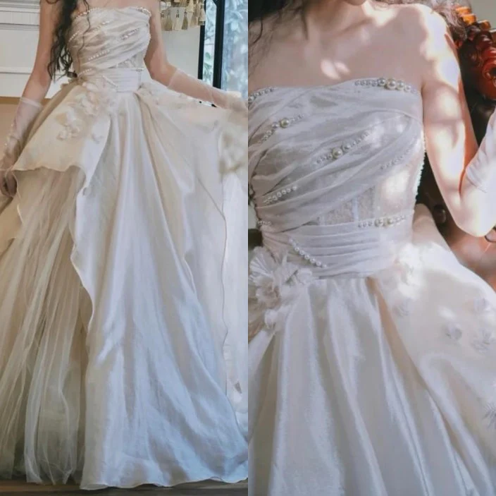 Pearl Pink Strapless A-Line Tulle Long Party Gown with Pearls,DP1621
