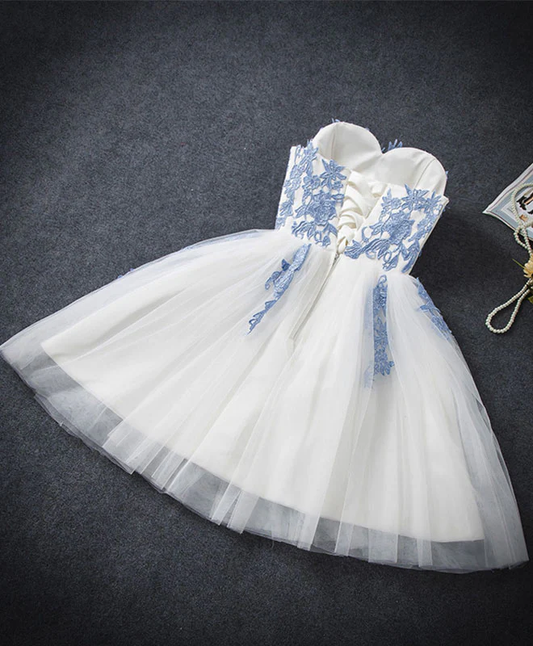 Robe de soirée trapèze en tulle bleu vintage avec broderie en cœur DP6069