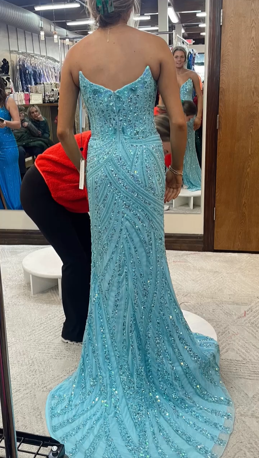 Blue Strapless Sequins Mermaid Long Prom Dress with Split, DP4117