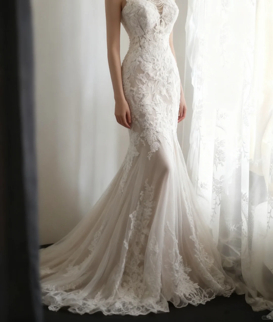 Vintage White Lace Mermaid Sheer Train Floral Embroidery Wedding Dress DP7644