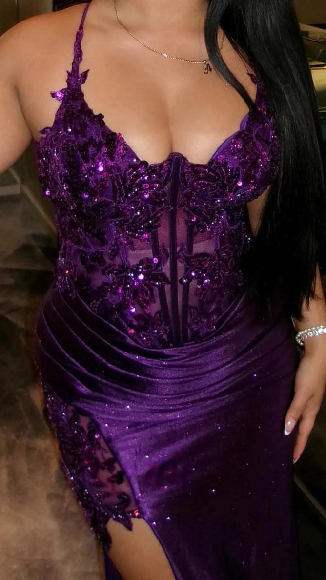 Glamorous Purple Satin Mermaid Prom Gown Beaded Lace Bodice & High Slit Evening Dress DP8043