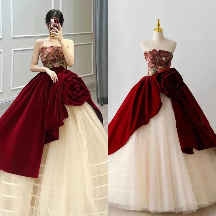 Einzigartiges trägerloses A-Linien-Ballkleid mit Rosendesign für Sweet 16 Quinceanera-Abendkleider, Geburtstagskleid, Abendkleid, Ballkleid, DP6518
