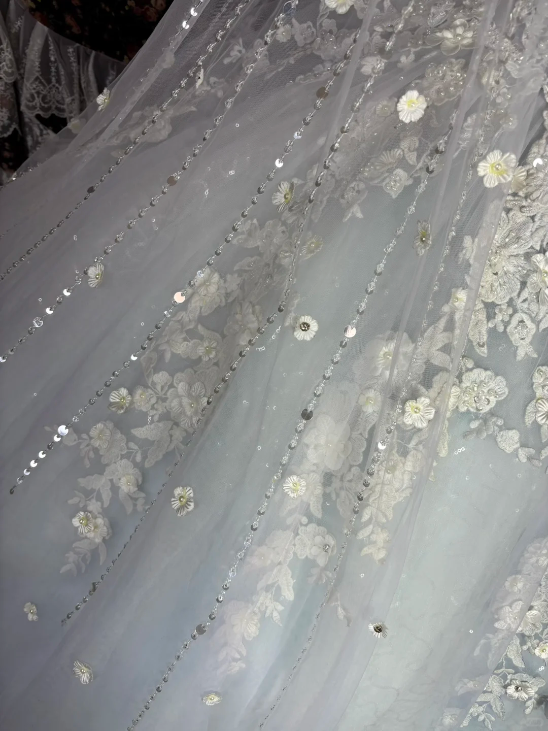 Glamorous Pastel Blue Applique Tulle Lace Beaded Off-the-Shoulder Sheer Cape Sweet 16 Quinceanera Ball Gown DP7348