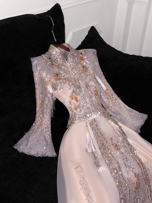 Gorgeous Sparkling Pink Beaded Sequin A-Line Romantic Chiffon Evening Dress Prom Dresses DP6166