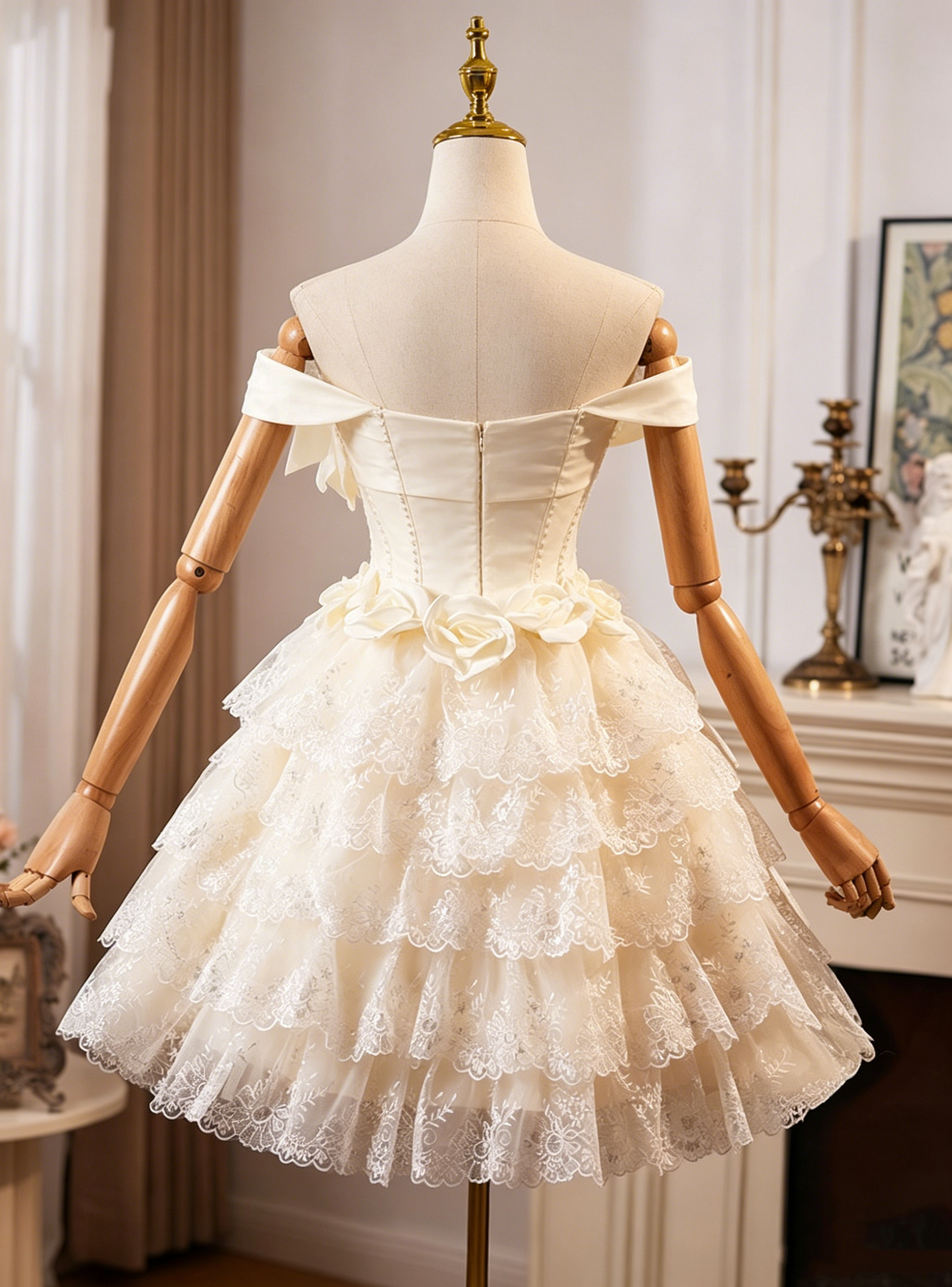 Cute Cream White Off-the-Shoulder Tiered Lace A-Line Homecoming Dress DP8509