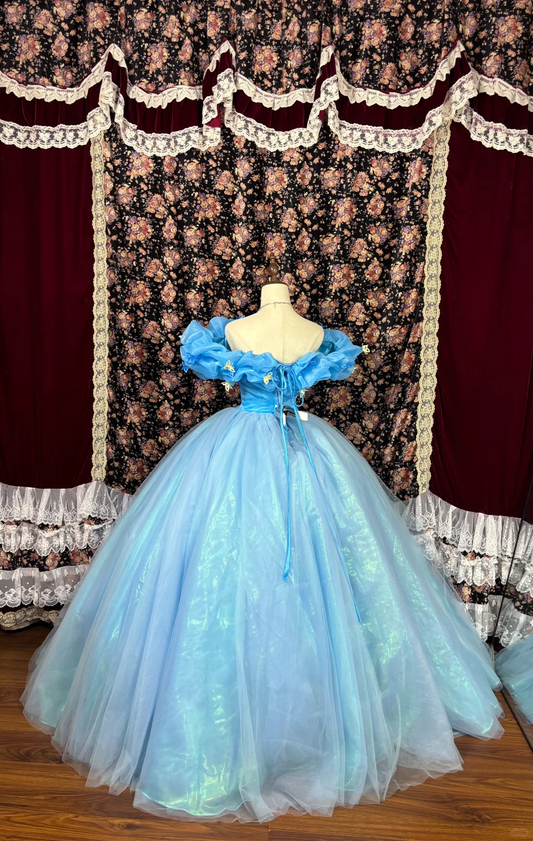 Robe de Quinceanera rétro bleue à épaules dénudées, en tulle, coupe trapèze, pour fête d'anniversaire, DP5924