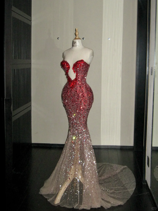 Vintage Gradient Red Sweetheart Strapless Mermaid Design Sexy Prom Dress Evening Dress DP6253
