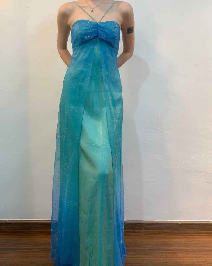 Charming Blue Halter Satin Tulle Long Evening Party Dress, DP3012