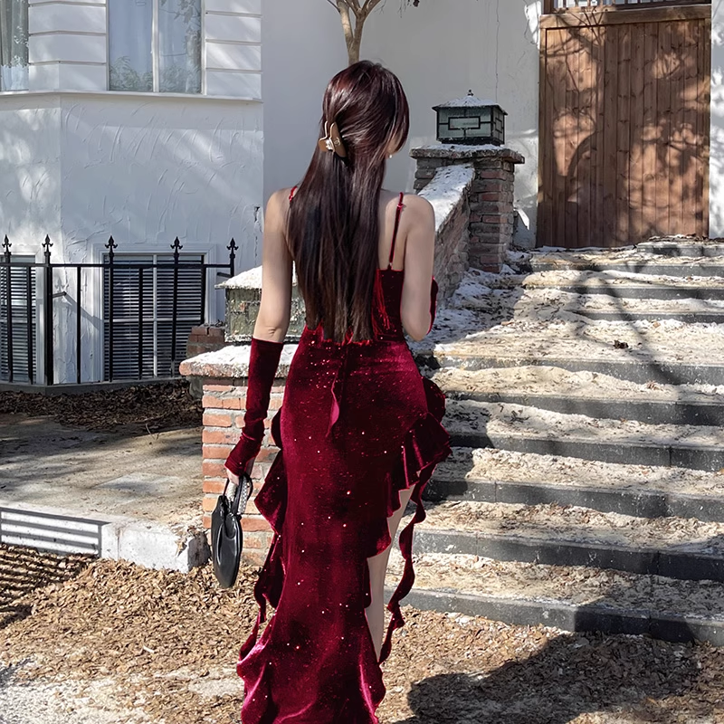 Vintage Glitzernde Pailletten Liebsten Spaghetti Strap Rüschen High Slit Ballkleid Abendkleid DP6407