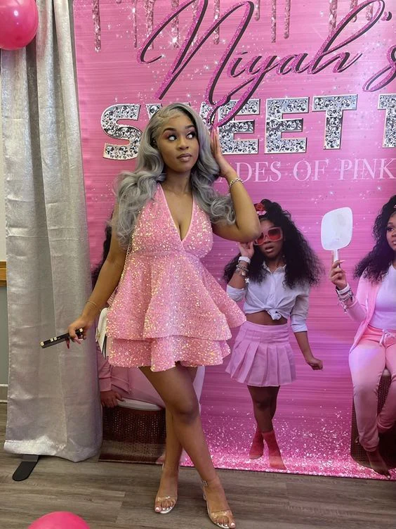 Pink V Neck A-Line Sequins Short Party Dress Birthday Outfits DP3949