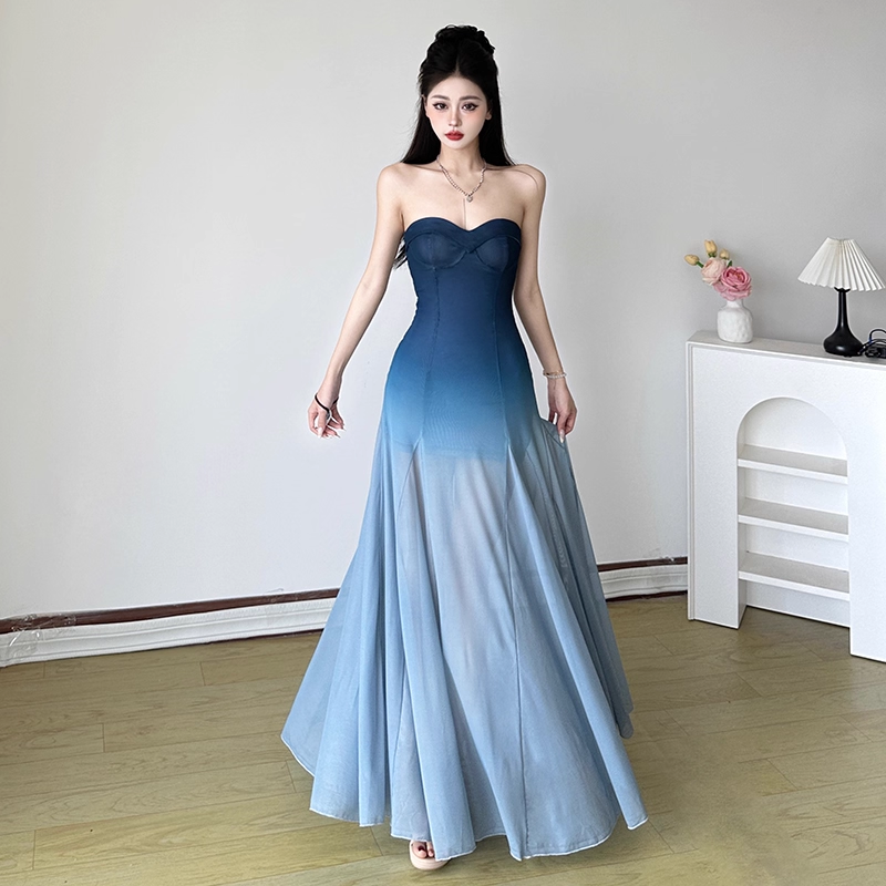 Simple Gradient Blue Sweetheart Strapless A-Line Summer Dresses Prom Dress Evening Dress DP6340