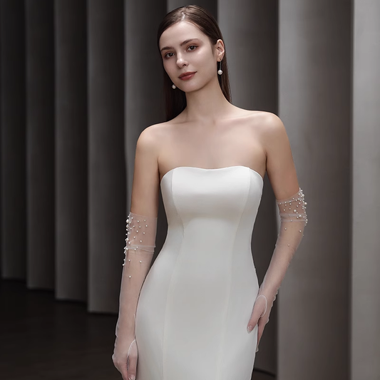 Bridal Gloves Handmade Beading Elegant Long Elegant Wedding Tulle Gloves, DP5302