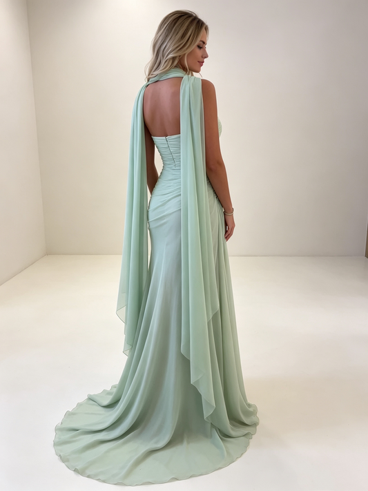 Élégante Robe de Soirée/Demoiselle d'Honneur/Bal Vert Sauge en Mousseline de Soie Sirène Bustier Drapee avec Cape et Perles DP8651