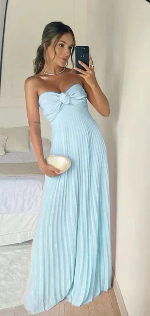 Pink Strapless A-Line Pleated Elegant Long Prom Dress Wedding Guest Dress, DP3372