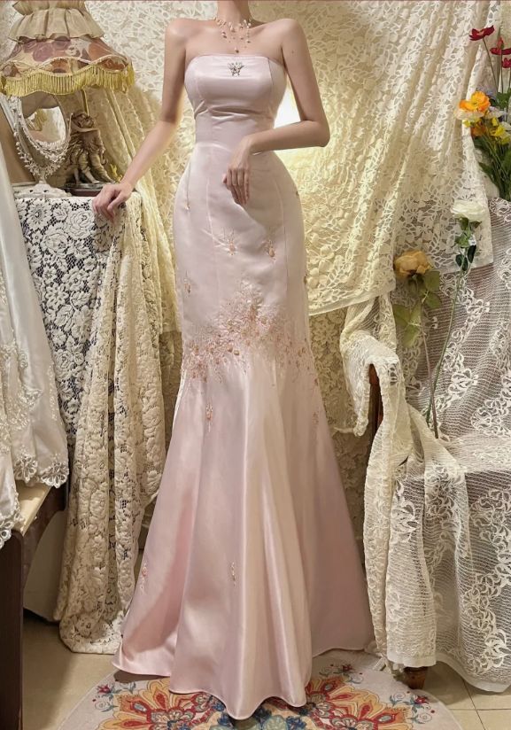 Vintage Rosa Satin Stickerei Trägerloses Meerjungfrau Langes Ballkleid Abendkleid, DP6531