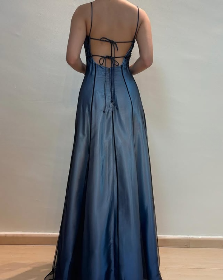 Elegant Blue Spaghetti Straps A-Line Vintage Long Party Dress, DP3990